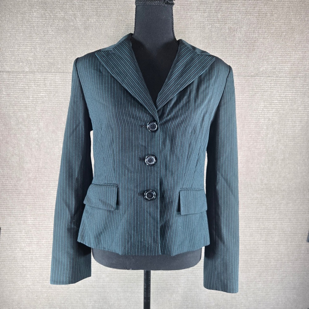 Evan-Picone Womens 8 Black Teal Pinstripe 3-Button Lined Career Suit Blazer